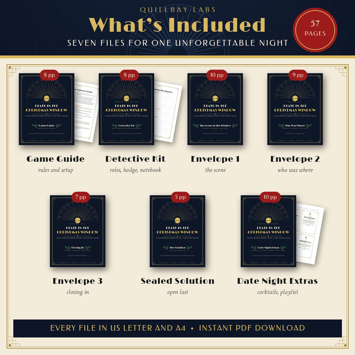 What's included: Game Guide, Detective Kit, three evidence envelopes, Sealed Solution and Date Night Extras, shown as file covers and sample pages
