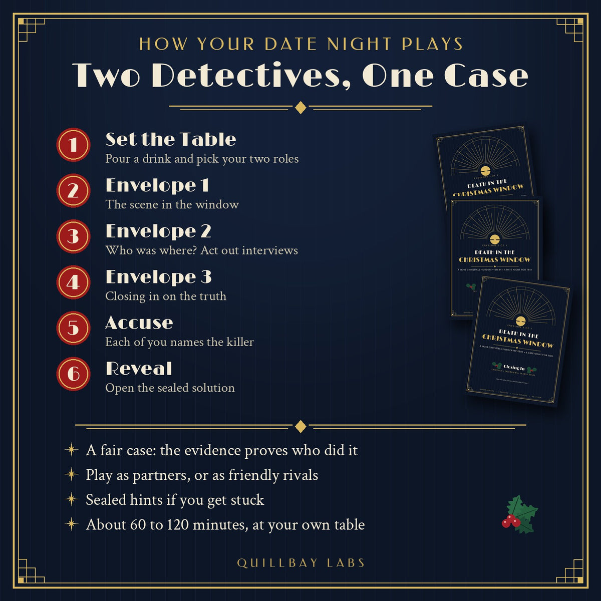 How it plays: open one envelope at a time, read the evidence together, write your accusations in private, then open the Sealed Solution
