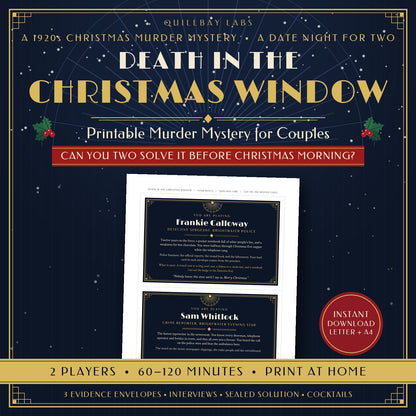 Cover of the printable game Death in the Christmas Window, a 1920s Christmas murder mystery for two players, with a sample role card