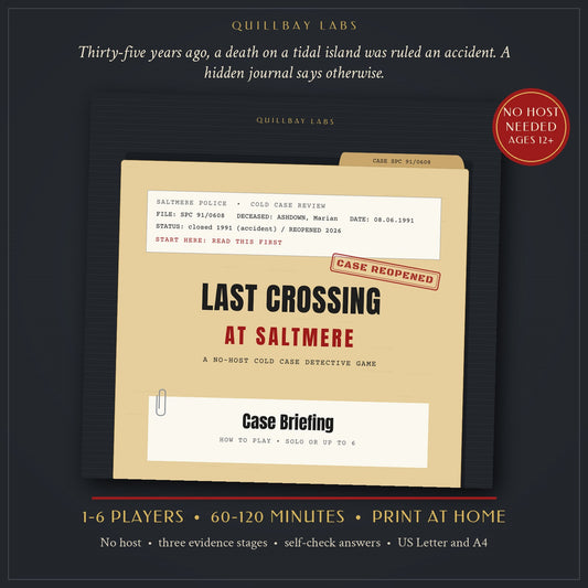 Cover of Last Crossing at Saltmere, a printable no-host cold case detective game for 1-6 players, showing a case file folder stamped Case Reopened