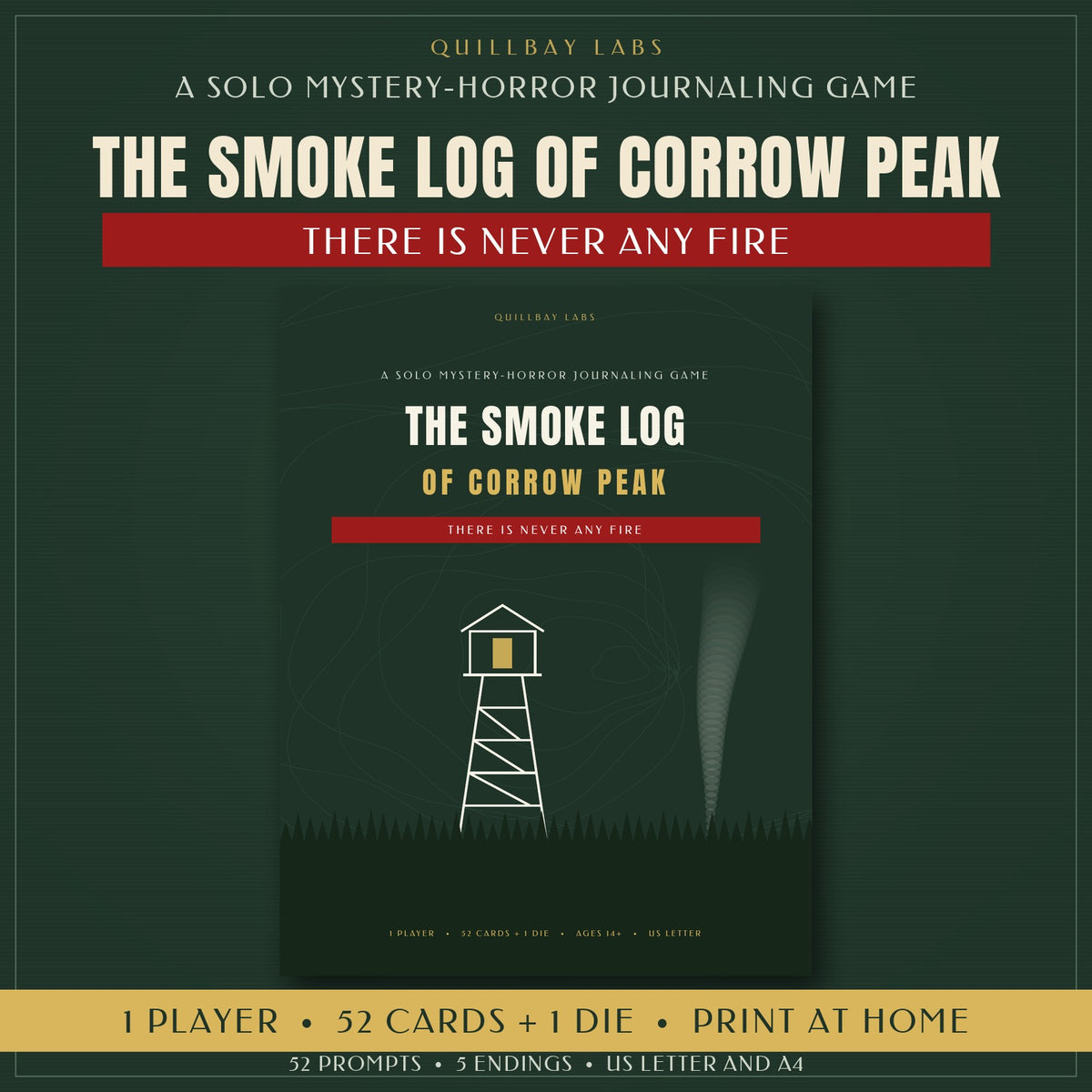 Cover of The Smoke Log of Corrow Peak, a solo mystery-horror journaling game, showing a fire lookout tower and the line There is never any fire