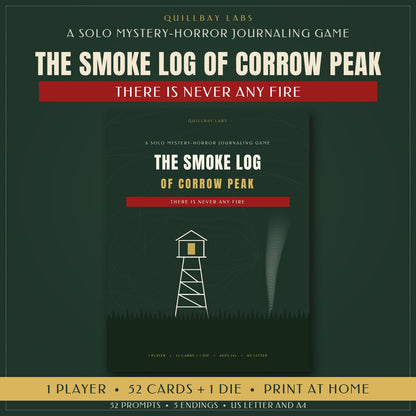 Cover of The Smoke Log of Corrow Peak, a solo mystery-horror journaling game, showing a fire lookout tower and the line There is never any fire