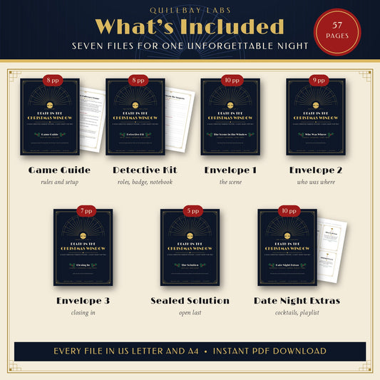 What's included: Game Guide, Detective Kit, three evidence envelopes, Sealed Solution and Date Night Extras, shown as file covers and sample pages