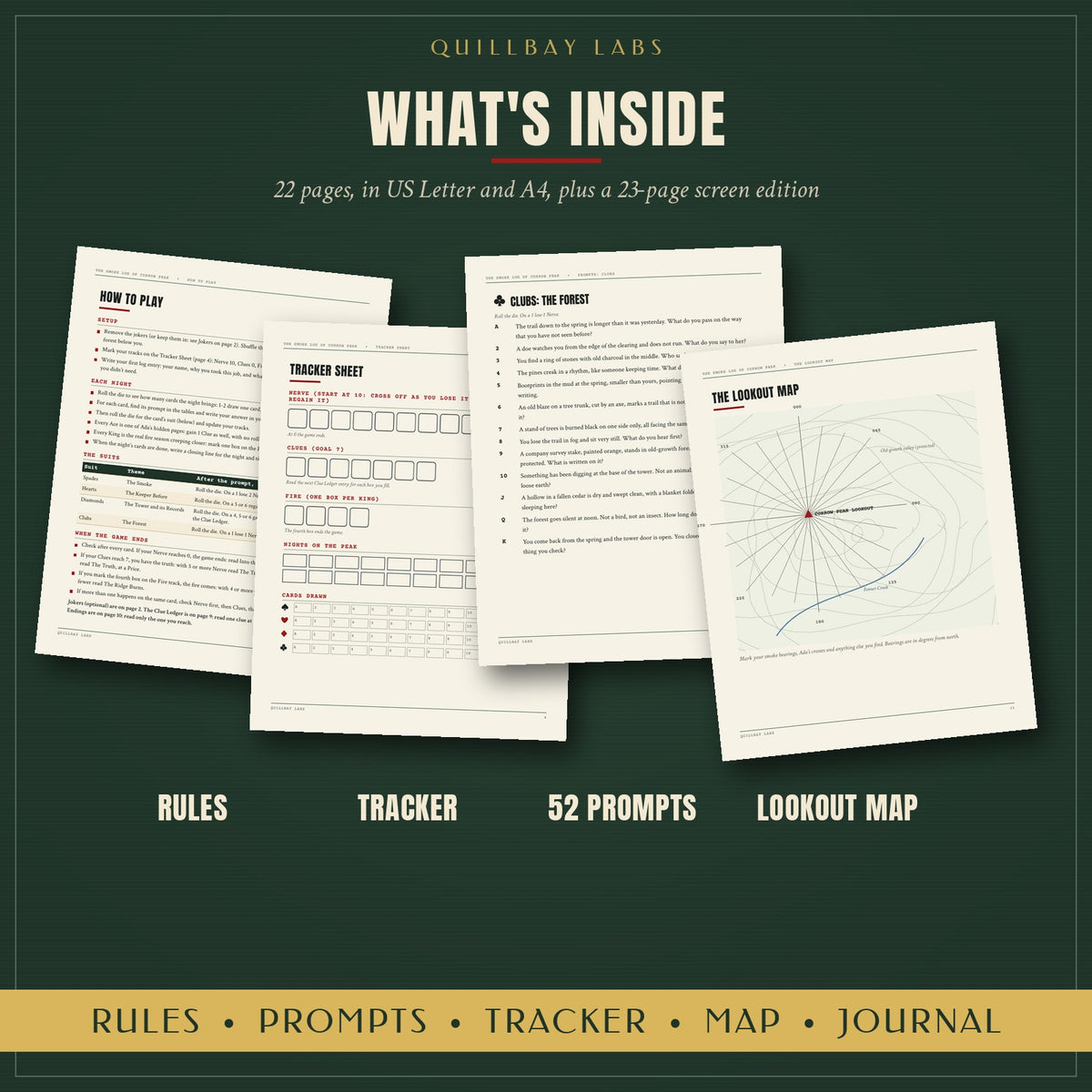 What's inside: sample pages for the rules, tracker sheet, 52 prompts and lookout map, 22 pages in US Letter and A4 plus a 23-page screen edition
