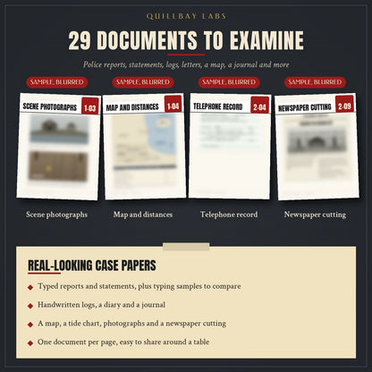 Sample evidence pages from the case file, blurred so no clues are shown
