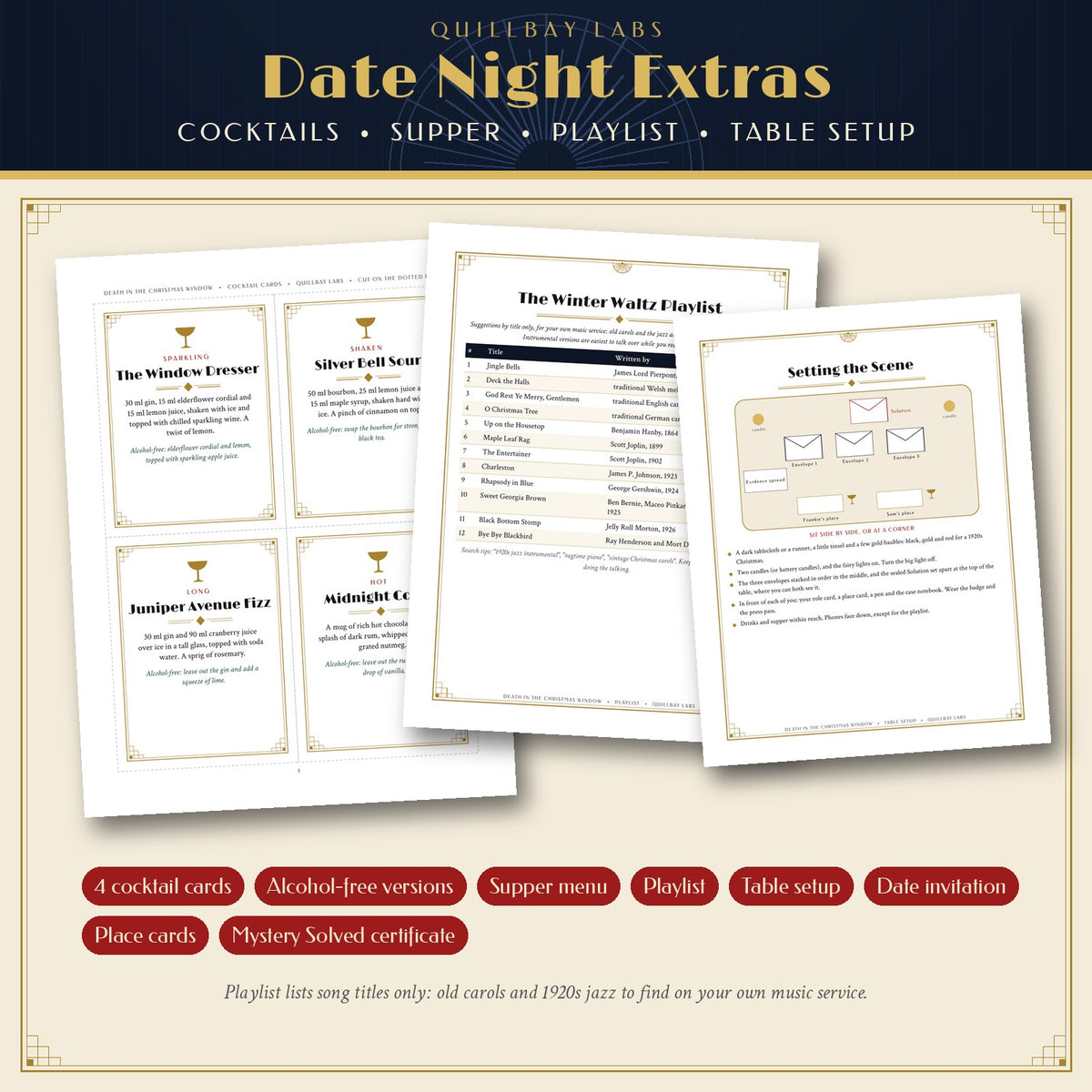 Date Night Extras preview: an invitation, cocktail cards with alcohol-free versions, a 1920s supper menu, a playlist and a table setup guide