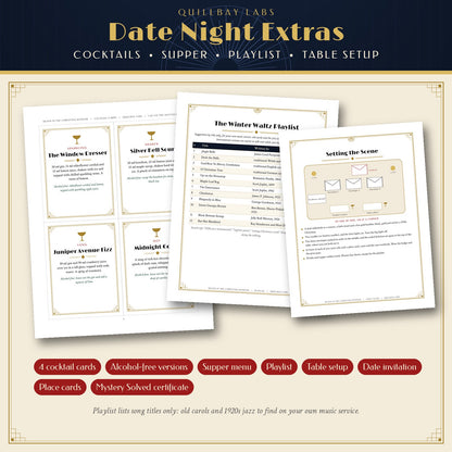 Date Night Extras preview: an invitation, cocktail cards with alcohol-free versions, a 1920s supper menu, a playlist and a table setup guide