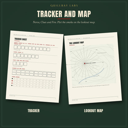 Tracker sheet for Nerve, Clues and Fire beside the lookout map of Corrow Peak with its radial sight lines