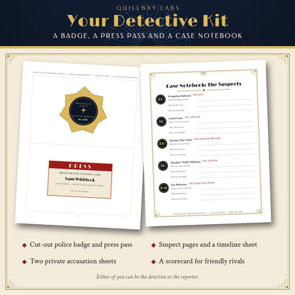 The Detective Kit preview: role cards, a cut-out police badge and press pass, and blank case notebook pages
