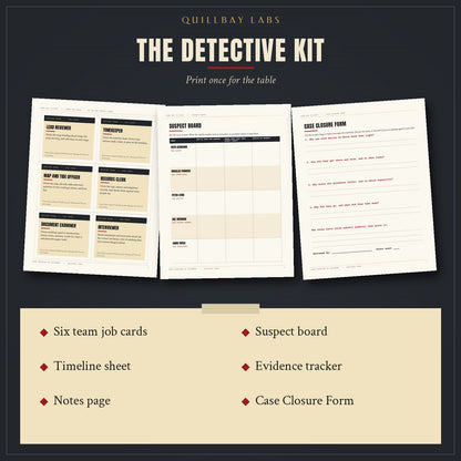 The Detective Kit: team job cards, a blank suspect board and a blank Case Closure Form
