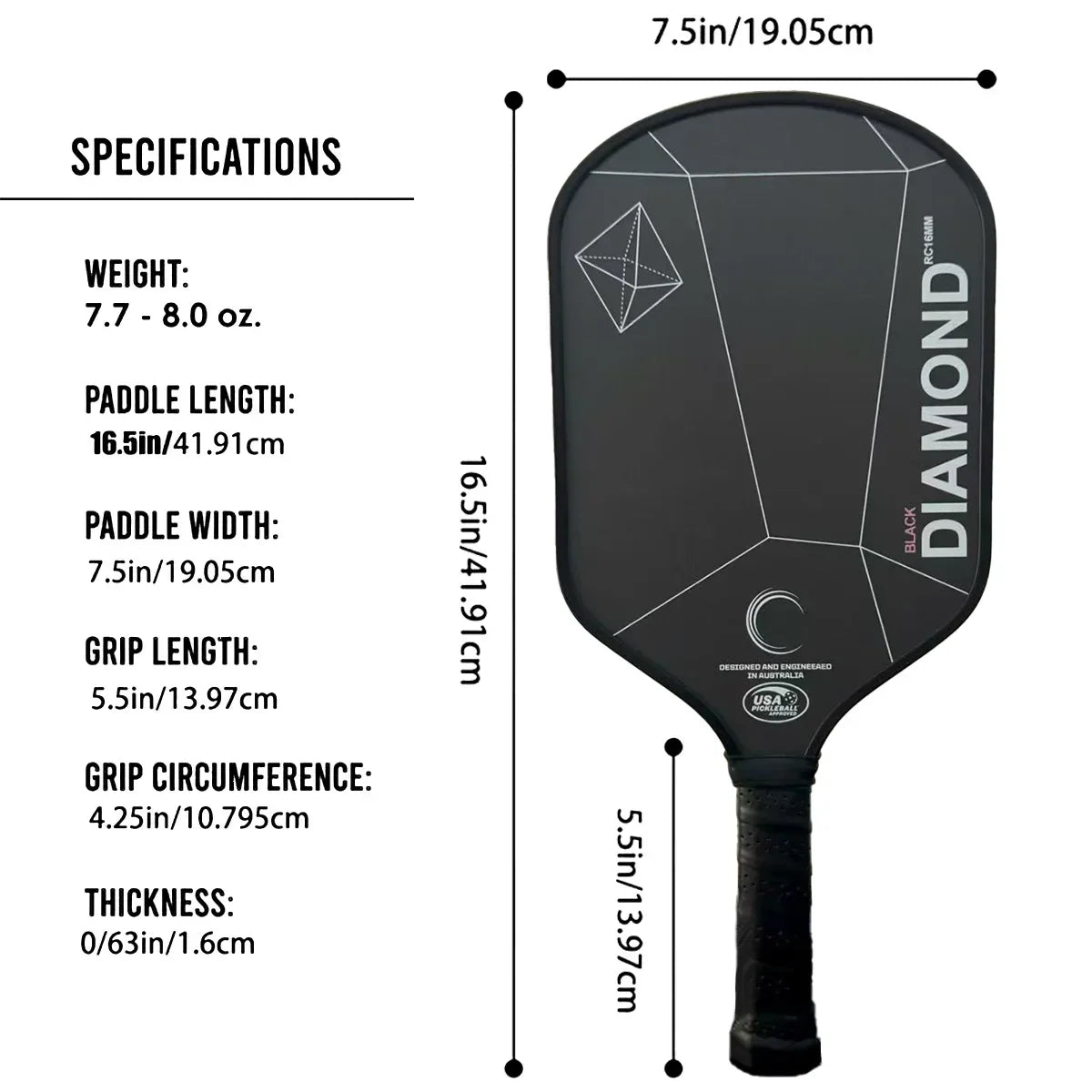 T700 pickleball paddle spec chart: 41.91 cm long, 19.05 cm wide, 13.97 cm grip