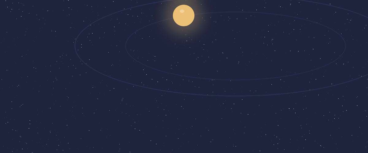 Starfield with a gold planet on a faint orbit